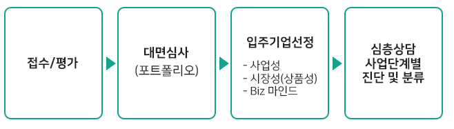 접수평가 , 대면심사(포트폴리오, 입주기업선정 , 심층상담 사업단계별 진단 및 분류